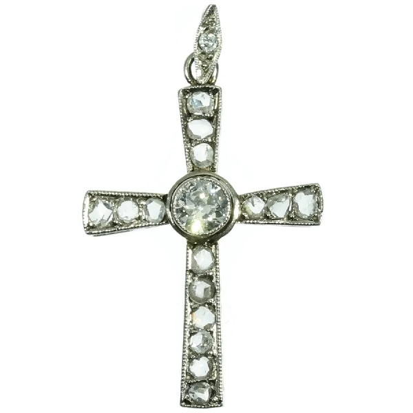 White gold Art deco diamond cross with old mine cut and rose cut diamonds
